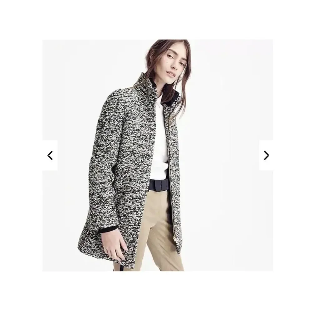 J. Crew Coat Italian Wool Lodge Zip Up in Boucle Speckled Black White Women’s 4